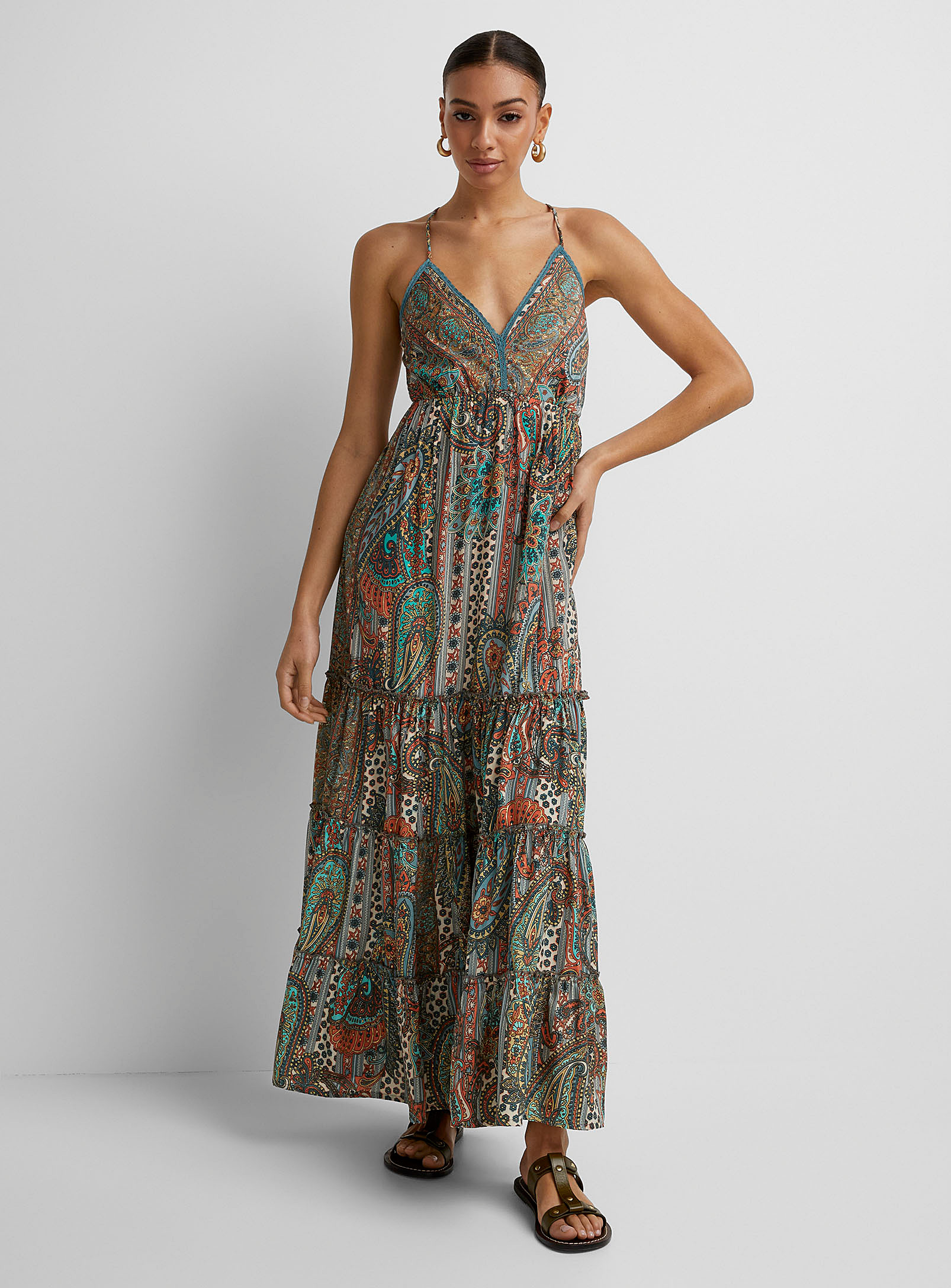 Icone Floral Paisley Tiered Maxi Dress In Patterned Grey