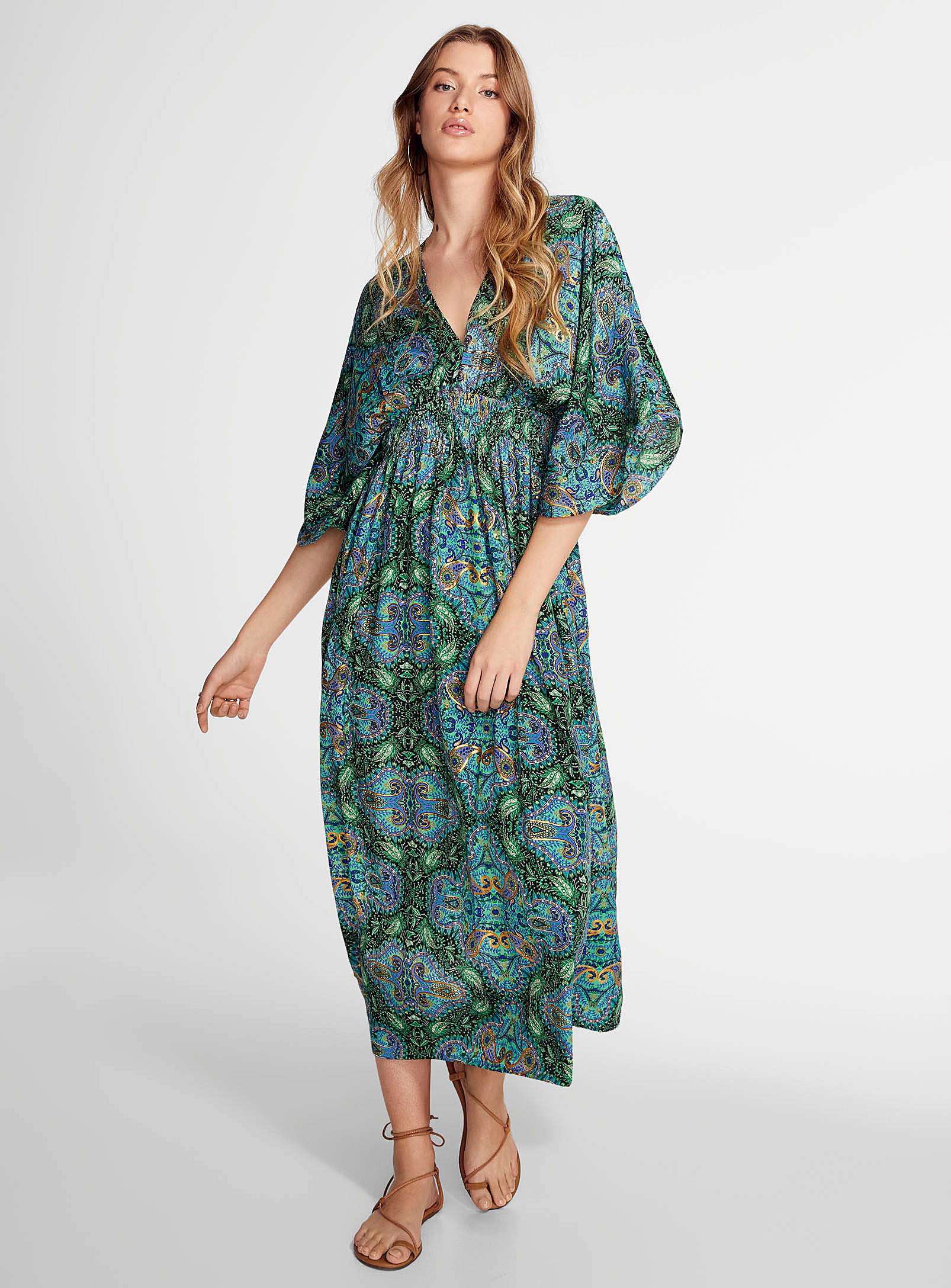 Icone Paisley Cap-sleeve Maxi Dress In Patterned Green