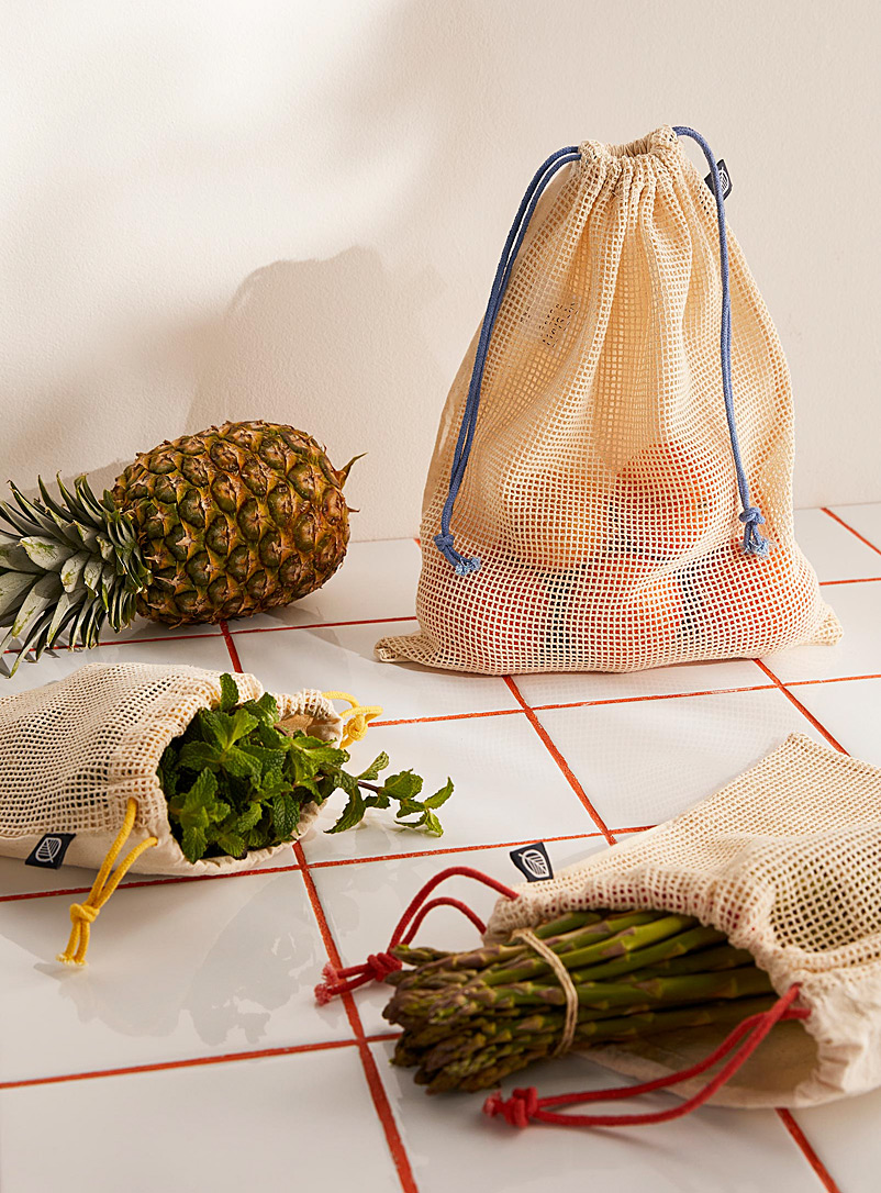 Simons Maison: Les sacs réutilisables filet cordon coloré Ensemble de 3 Beige crème