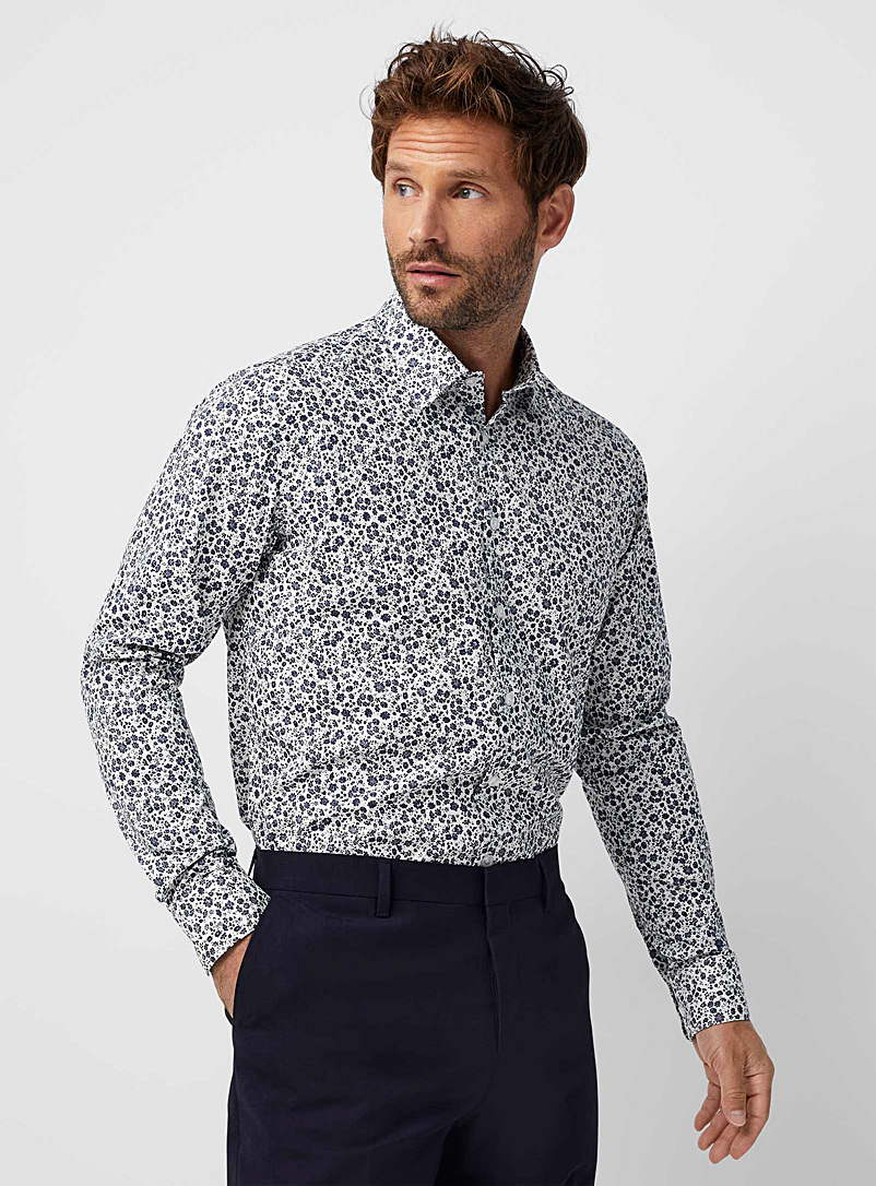 Le 31 Patterned white Blue mini-flower shirt Modern fit for men