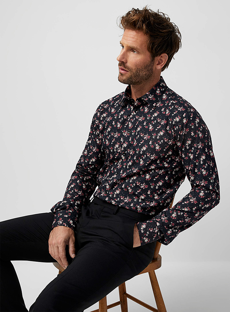 Le 31 Patterned black Pink floral shirt Modern fit for men