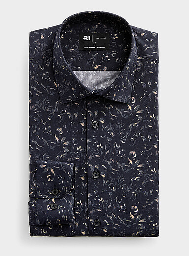 Le 31 Navy/Midnight Blue Night foliage shirt <b>Modern fit</b> for men