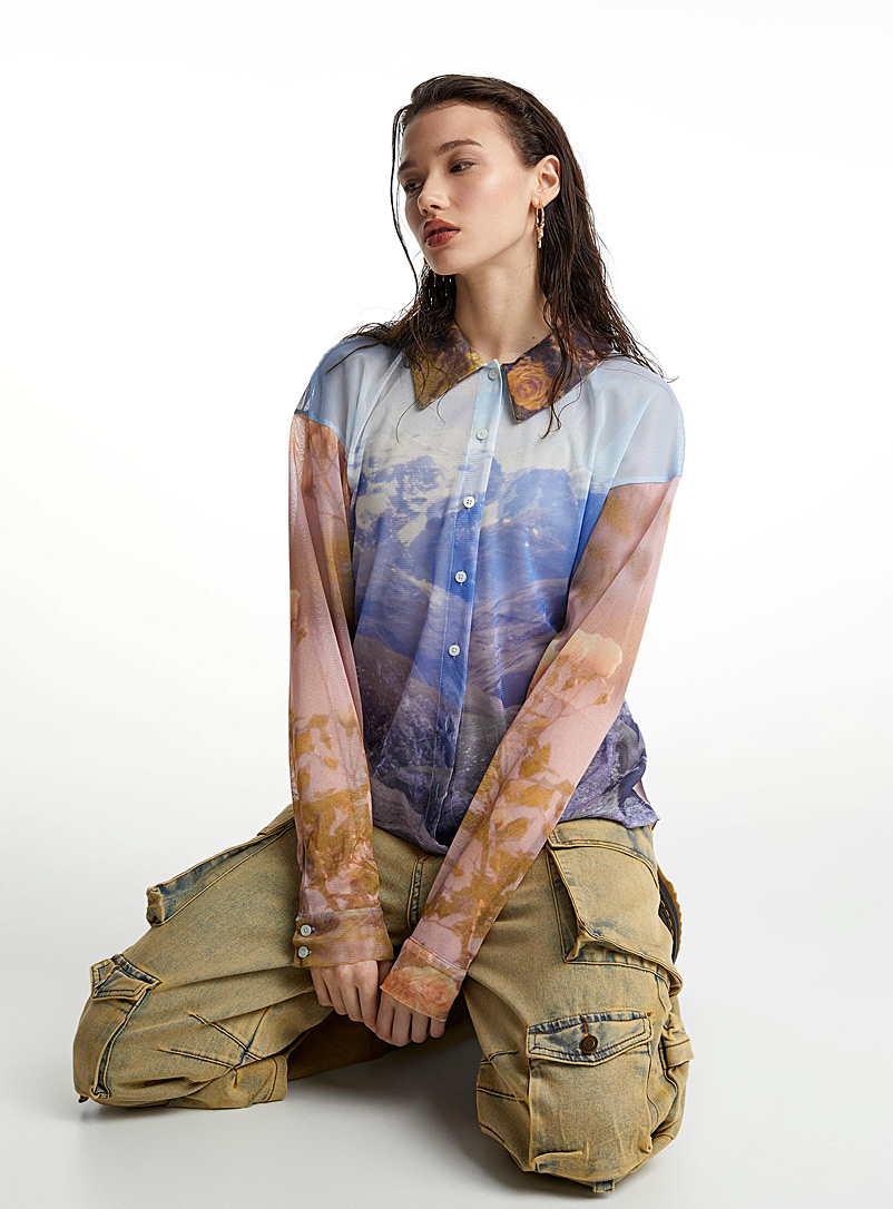 Basic Pleasure Mode Assorted Mountain landscape mesh shirt for women