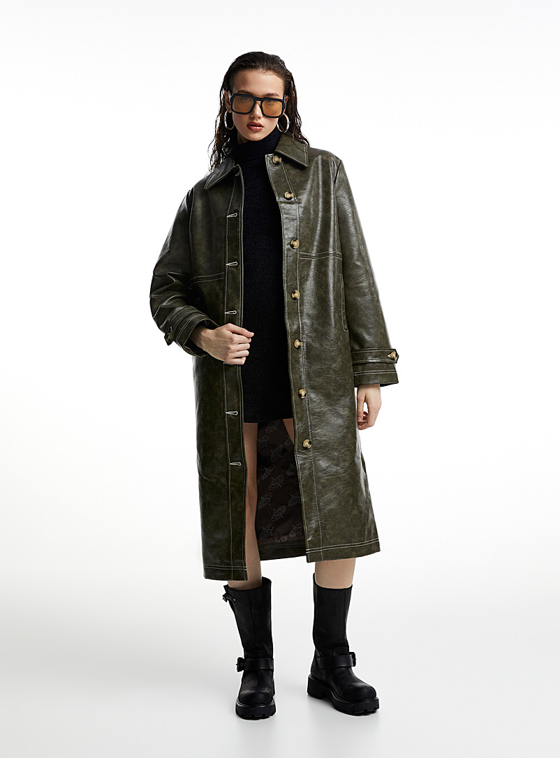 Basic Pleasure Mode: Le long manteau faux cuir vert Cortex Vert foncé-mousse-olive pour femme
