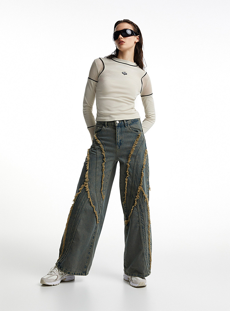 Basic Pleasure Mode Charcoal Frayed cutouts wide-leg jean for women