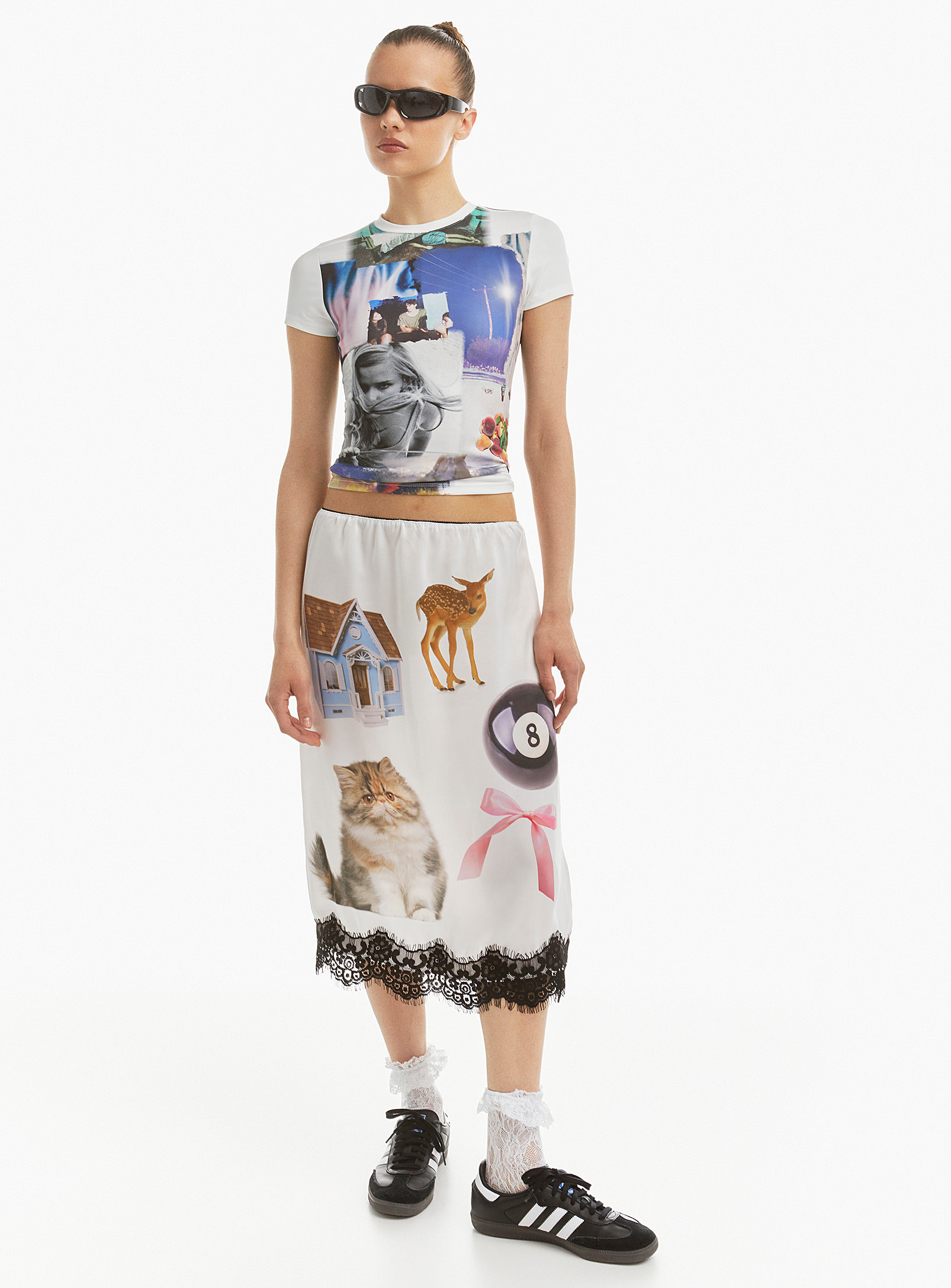 Basic Pleasure Mode Eclectic Collage Satin Skirt In Patterned White