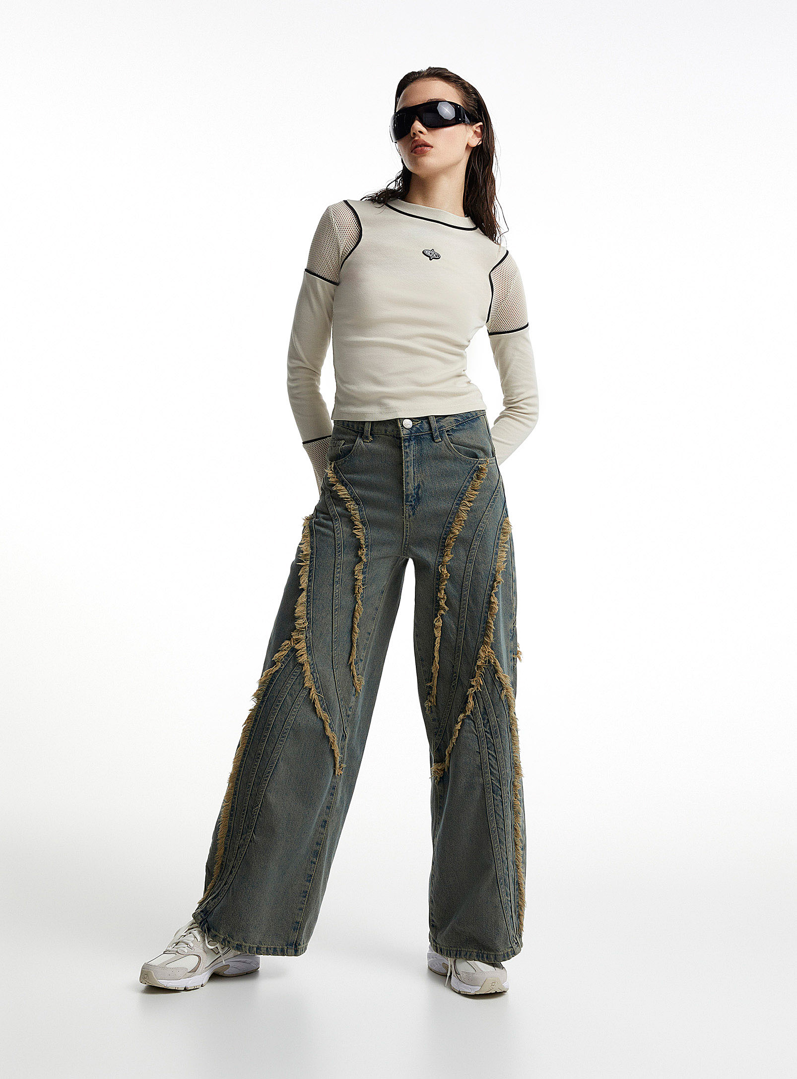 Basic Pleasure Mode Frayed Cutouts Wide-leg Jean In Blue