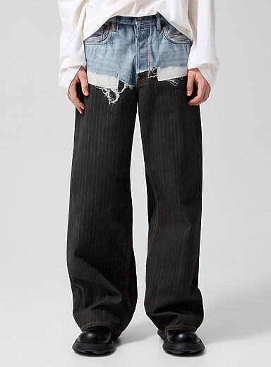 Acne Studios: Le pantalon trompe-l'&oelig;il effet tremp&eacute; Bleu pour homme