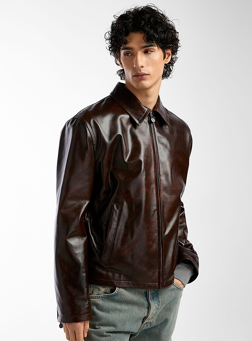 Acne Studios: La veste classique en cuir zippée Brun pour homme