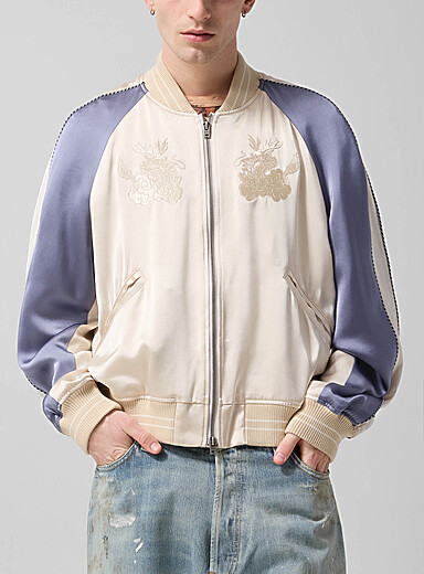 Acne Studios: Le bomber satin&eacute; dragon brod&eacute; Taupe pour homme