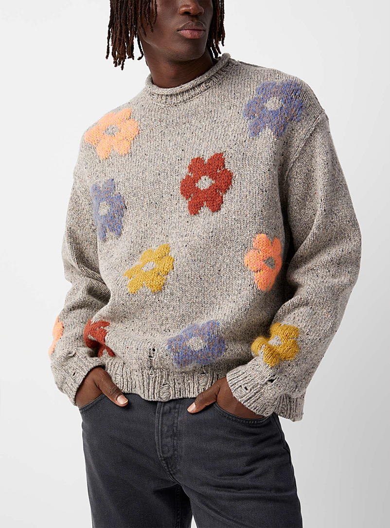 Acne Studios: Le chandail en laine fleurs jacquard Gris pour homme