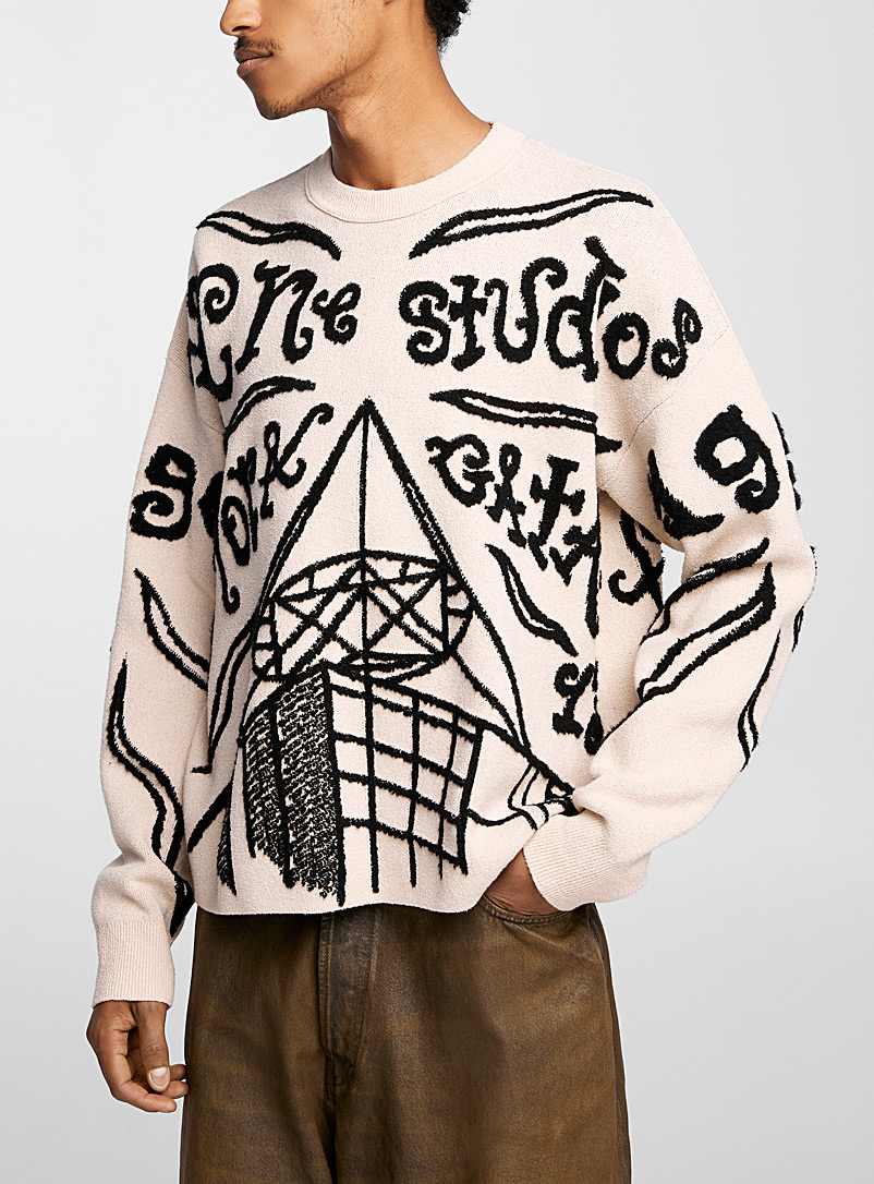 Acne Studios: Le chandail signature tracés veloutés Blanc à motifs pour homme
