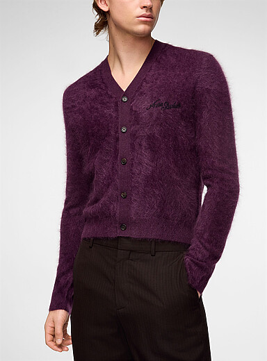 Acne Studios: Le cardigan duveteux pur cachemire Bourgogne pour homme