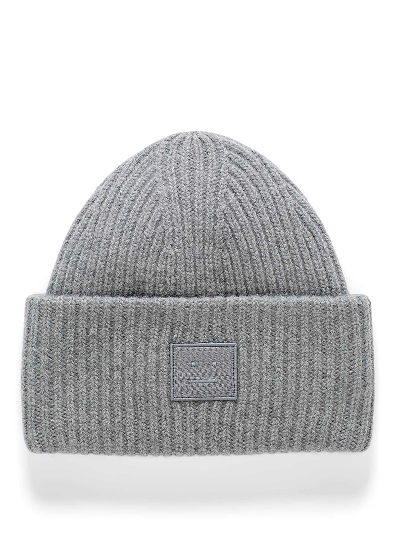 Acne Studios Grey Face logo oversized turned-up cuff toque for men