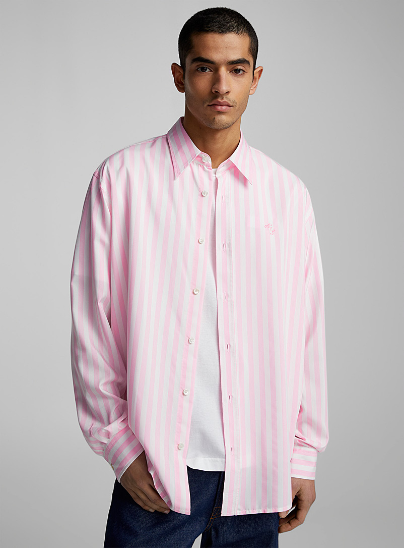 Acne Studios: La chemise lignée à logo rose Rose à motifs pour homme