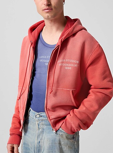 Acne Studios: Le sweat &agrave; capuche zipp&eacute; rouge att&eacute;nu&eacute; Unisexe Rouge pour homme