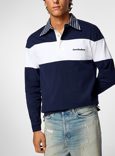 Acne Studios Navy/Midnight Blue Striped collar colour-block polo shirt for men