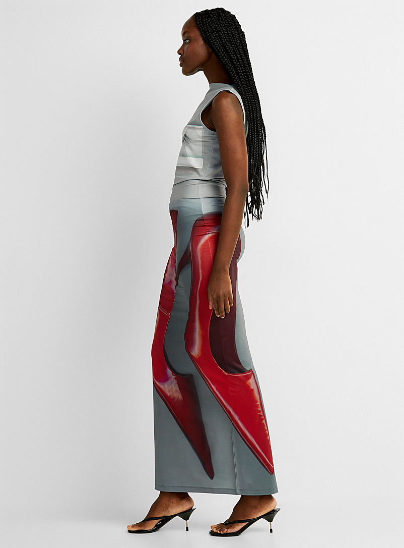 Acne Studios: La jupe à escarpins rouges Gris à motifs pour femme