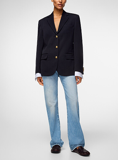 Acne Studios: Le veston effet superpos&eacute; en laine Bleu marine - Bleu nuit pour femme