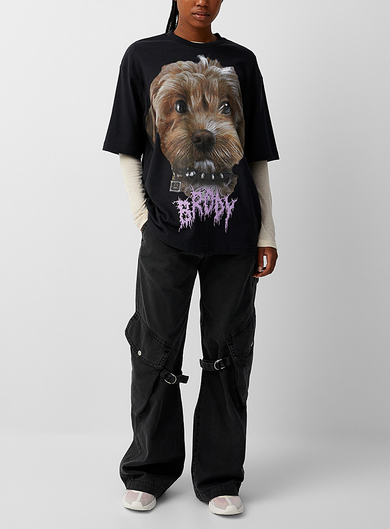 Acne Studios: Le t-shirt imprimé chien Brody Noir pour femme