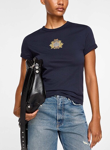 Acne Studios: Le t-shirt marine &eacute;cusson Crest Bleu fonc&eacute; - Indigo pour femme