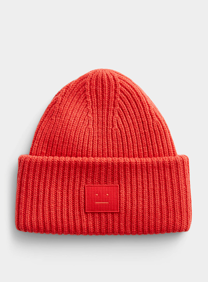 Acne Studios Ruby/Vermilion Face logo oversized turned-up cuff toque for women
