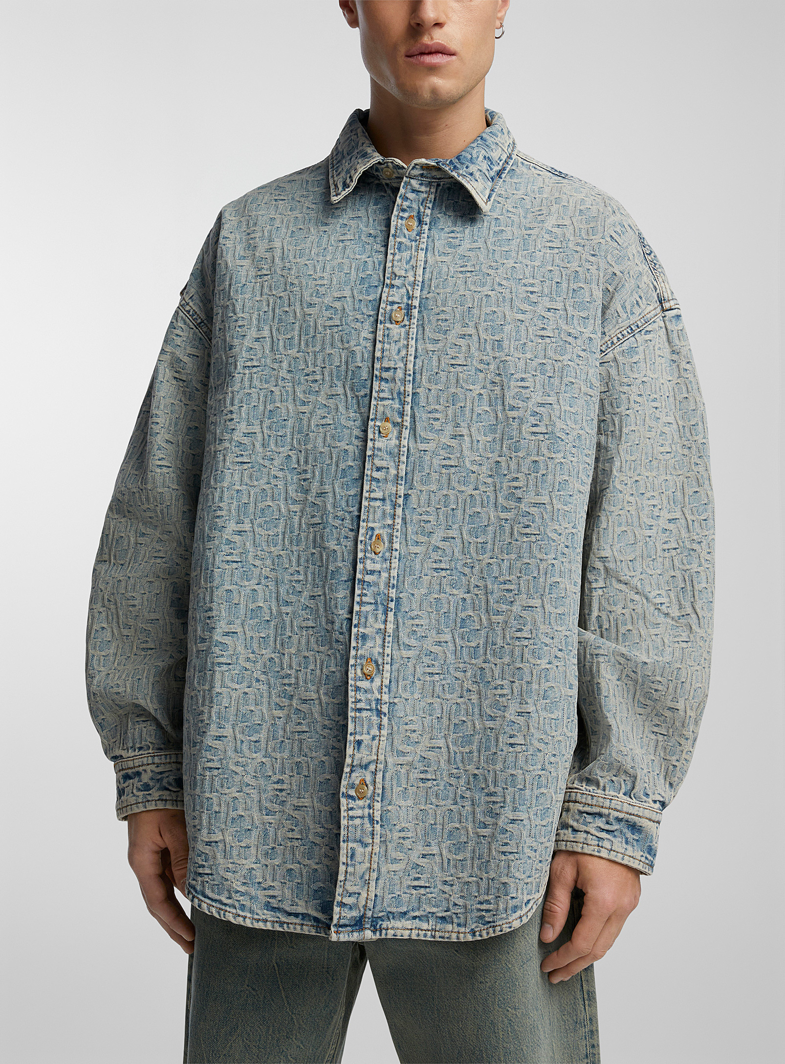 Shop Acne Studios Jacquard Monogram Denim Shirt In Blue