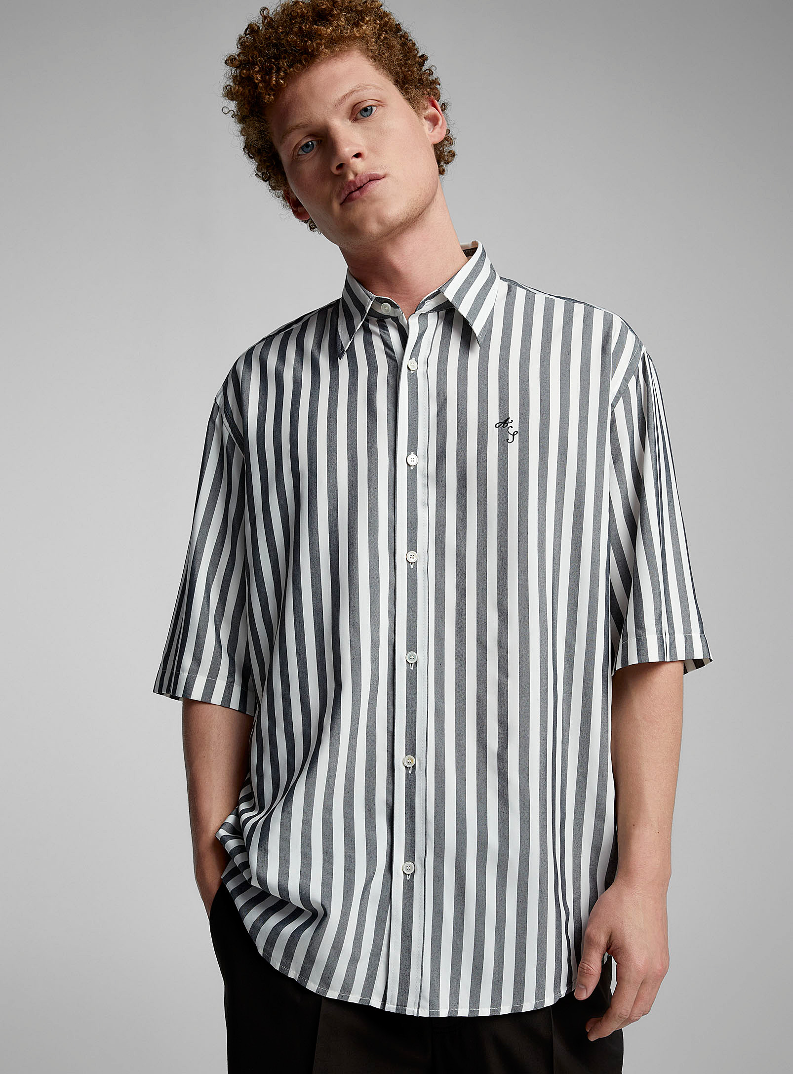 Shop Acne Studios Embroidered Initials Striped Shirt In Patterned White