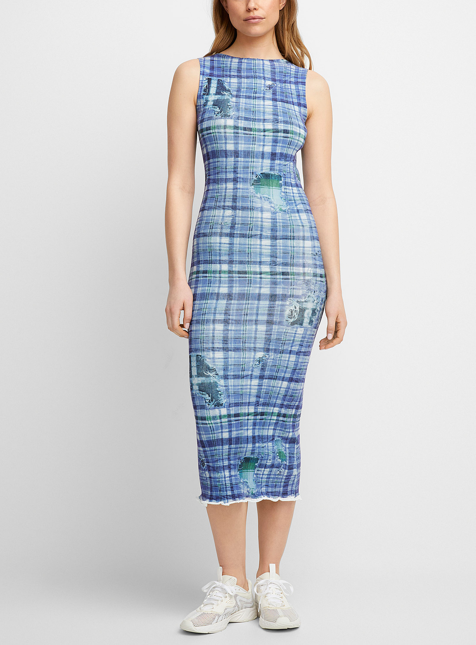Shop Acne Studios Worn-effect Checkered Dress In Patterned Blue
