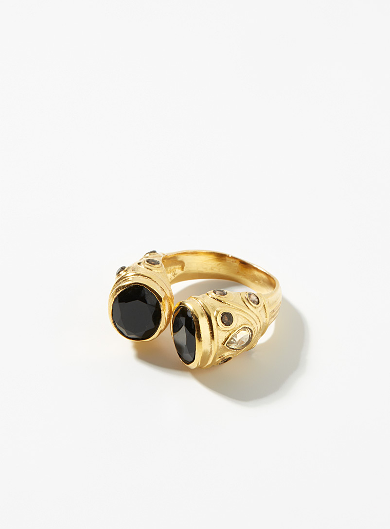 Diaperis Black Natural stone grooved open ring for women