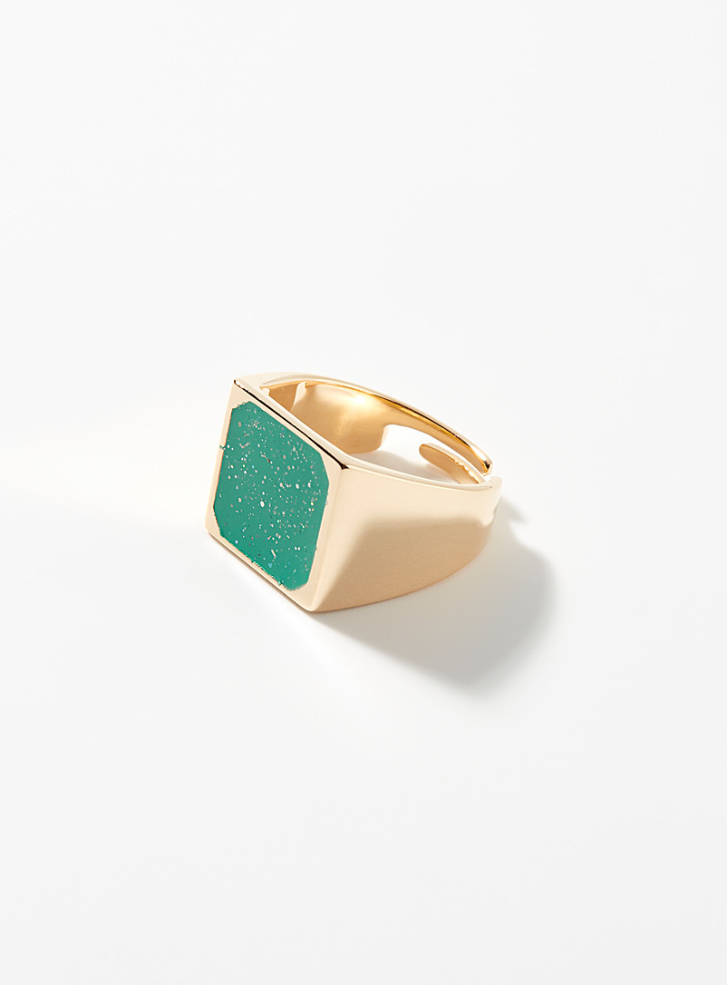 Carre Y Green Sequined enamel signet ring for women