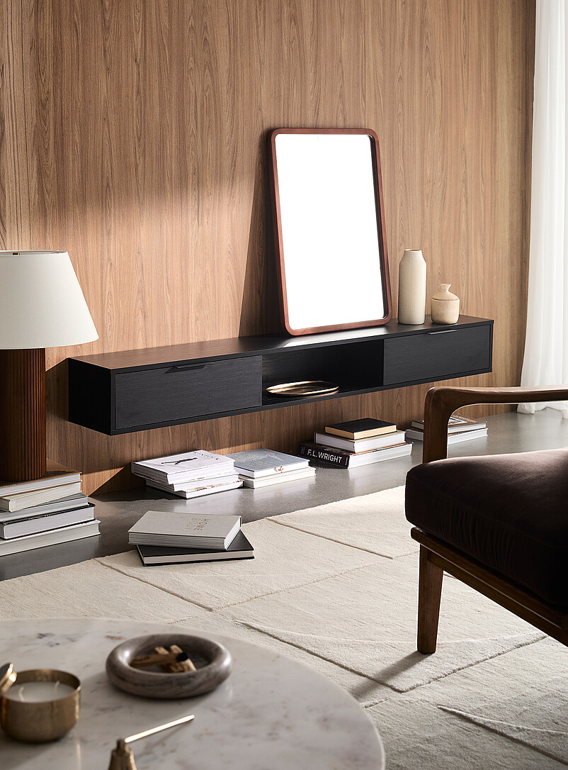 Sleek two-door floating media unit 72 in product image (primary)