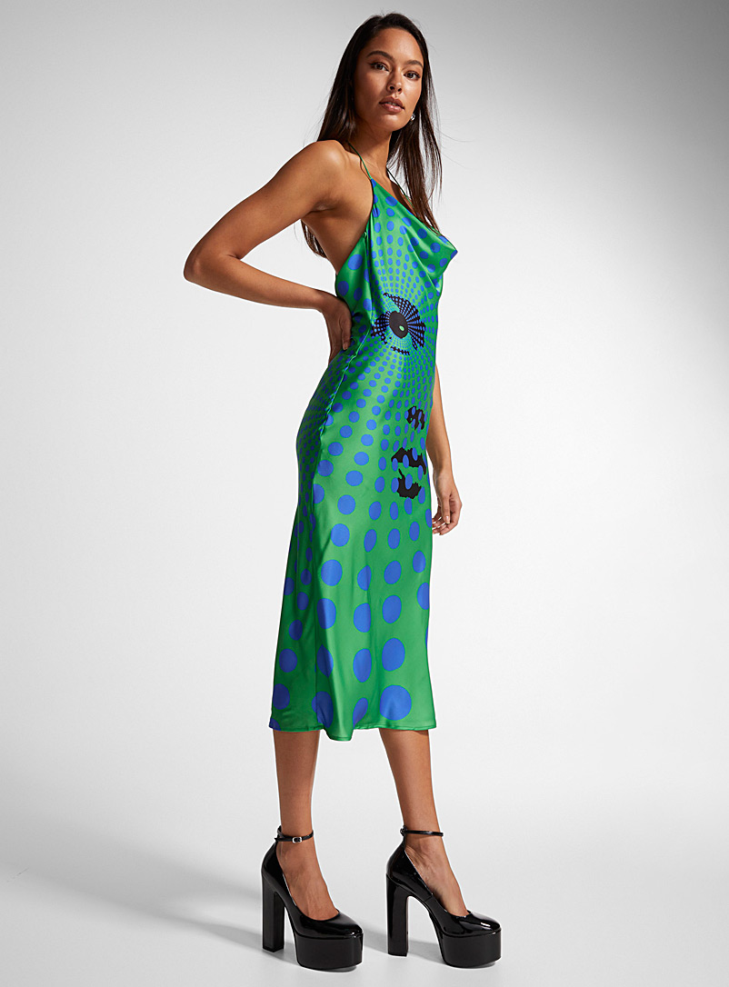 Icône Patterned Green Face print satiny dress for women