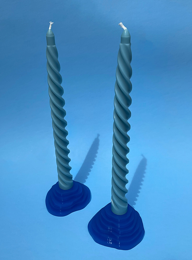 WASTED EFFORT Blue Topo candlestick holders Set of 2