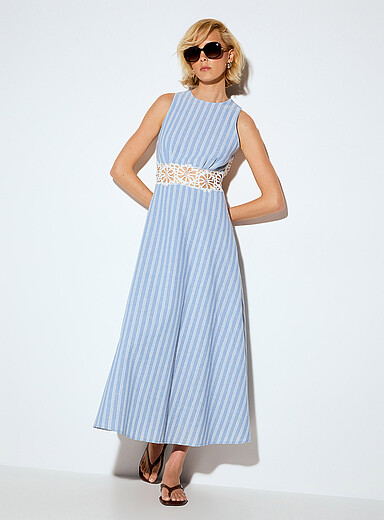 Crocheted details open-back stripes maxi dress
