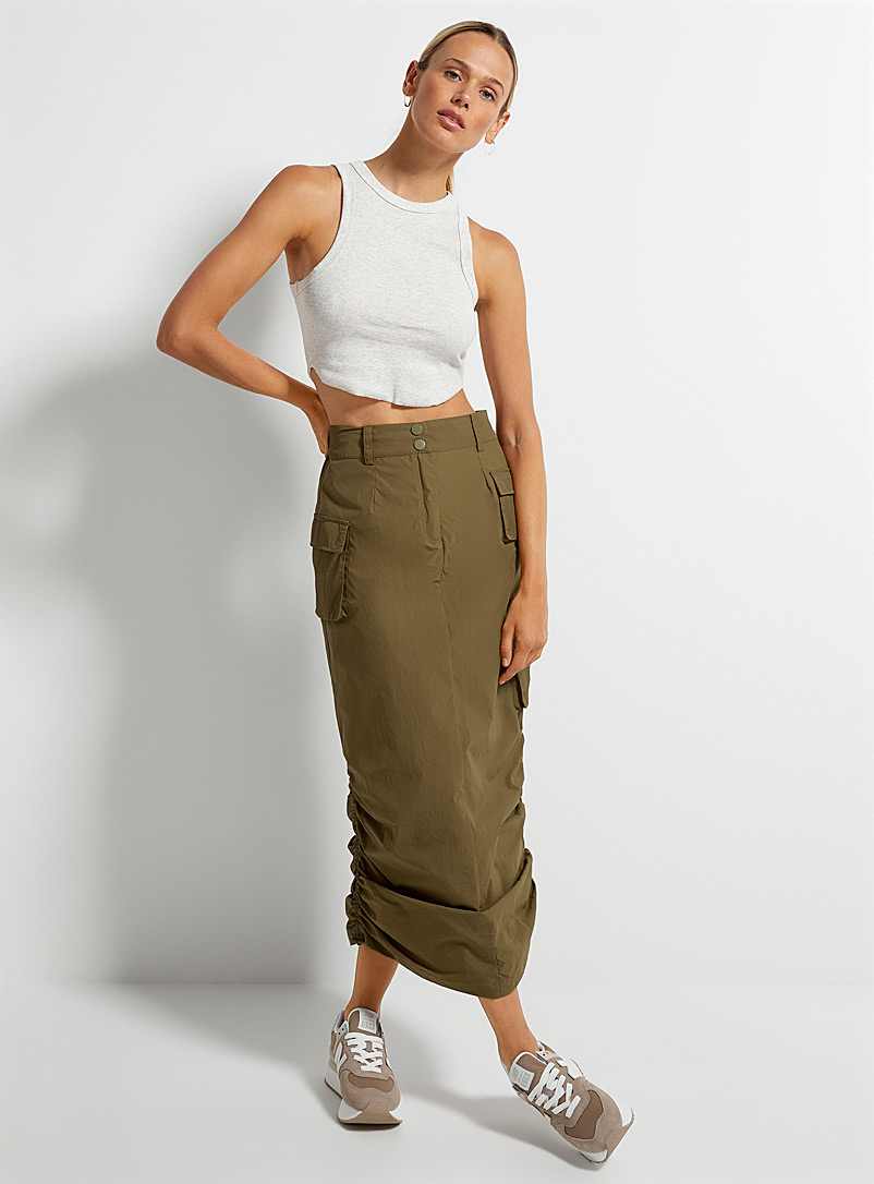 Icône Mossy Green Long cargo ruched skirt for women