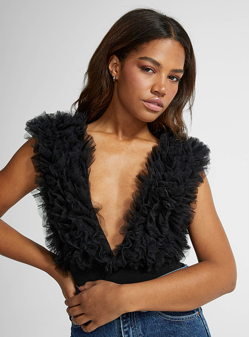 Icône Black Tulle ultra-plunging neckline bodysuit for women