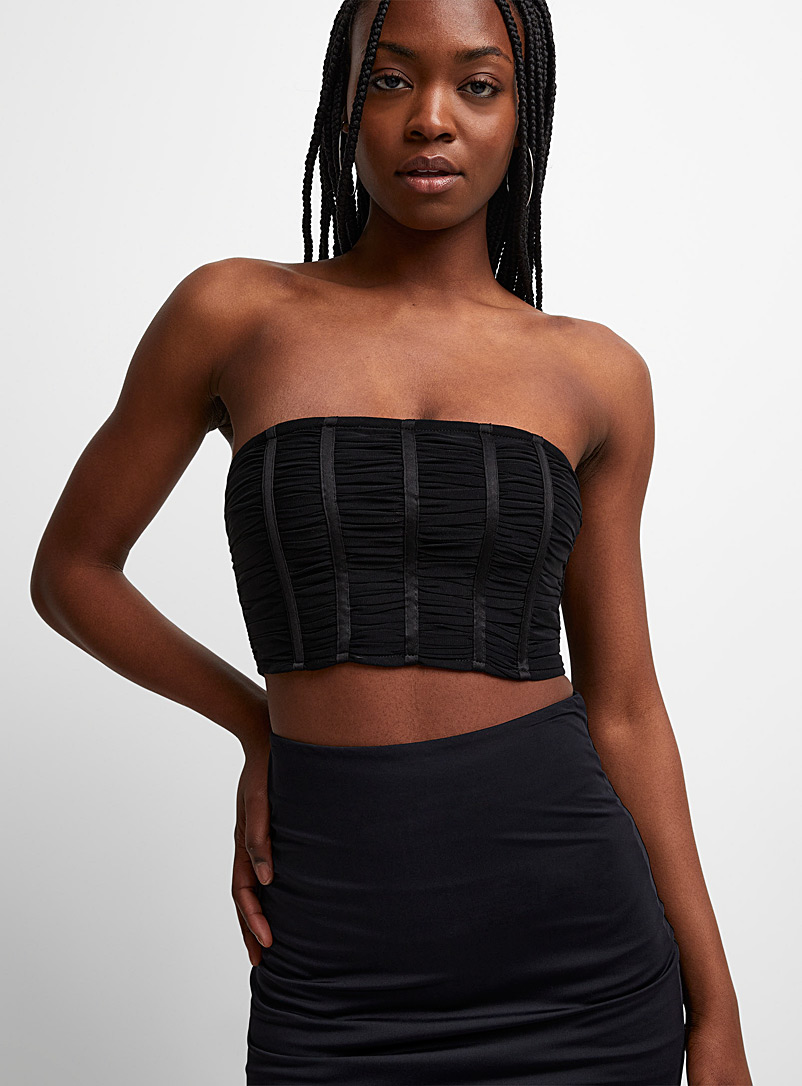 Icône Black Pleated mesh cropped bustier for women