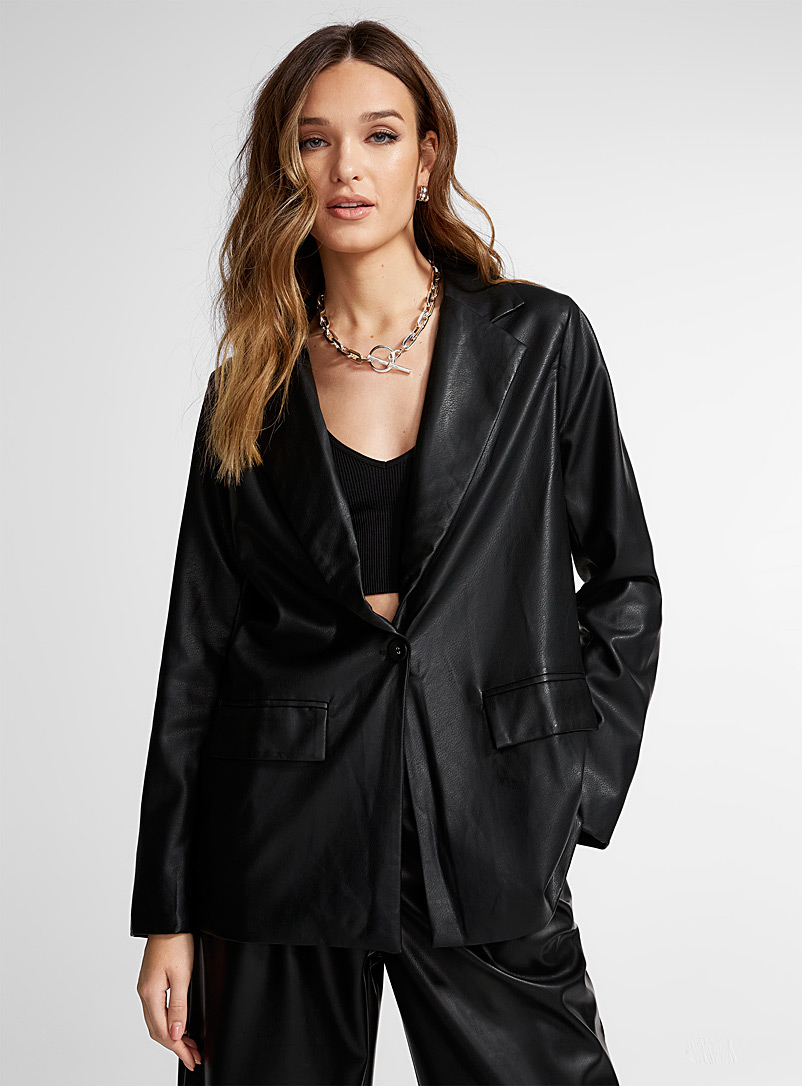 Icône Black Grained faux-leather loose blazer for women