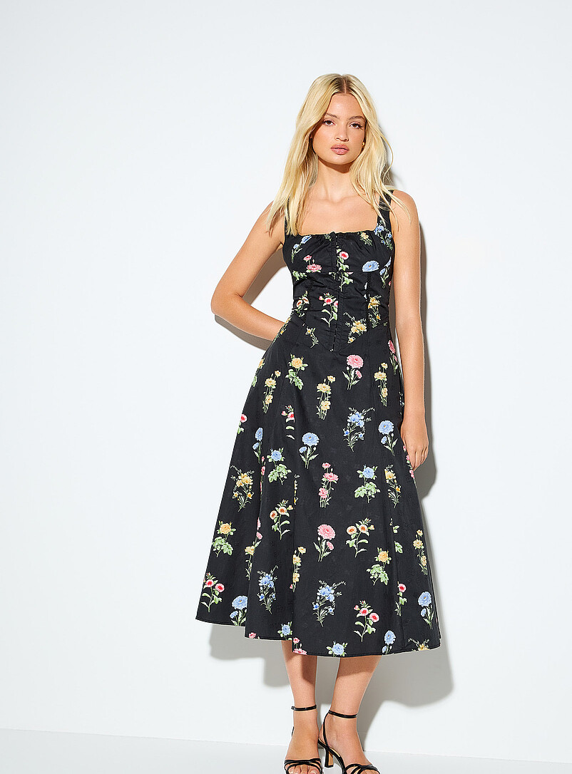 Corset-style floral poplin long dress product image (primary)