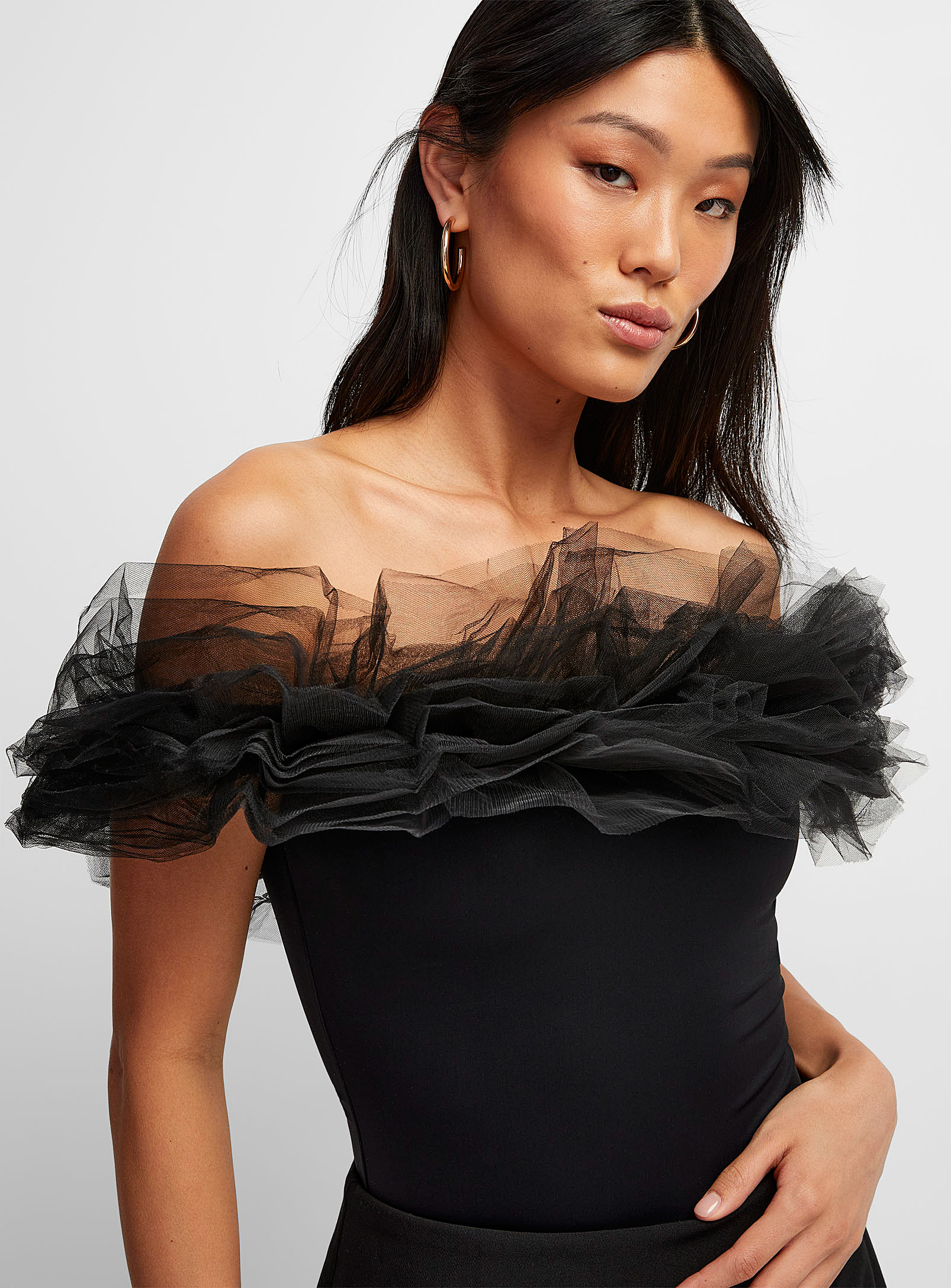 Icone Tiered Tulle Microfibre Bodysuit In Black