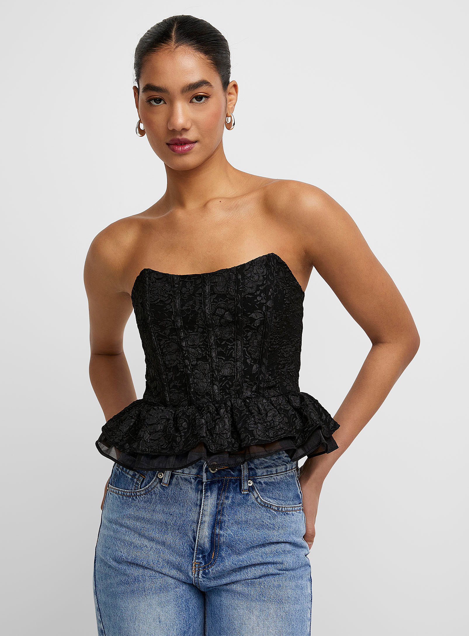 Icone Textured Jacquard Ruffle Bustier In Black