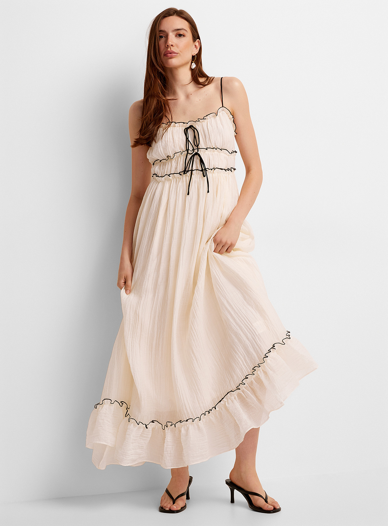Icone Wrinkled Voile Maxi Peasant Dress In Black And White