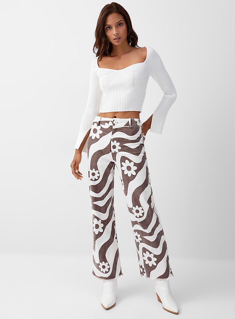 Icône Patterned Brown Flowers and waves wide-leg jean for women