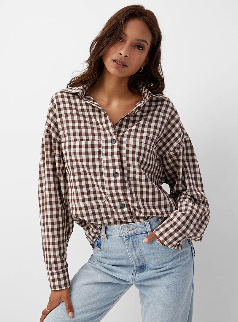 Icône Patterned Brown Brown oversized gingham shirt for women