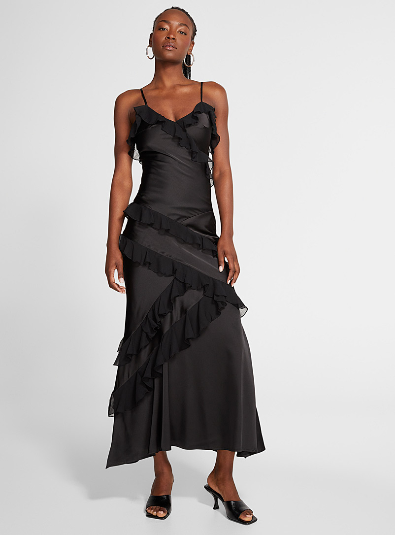 Icône: La longue robe satinée multiple volants Noir pour femme