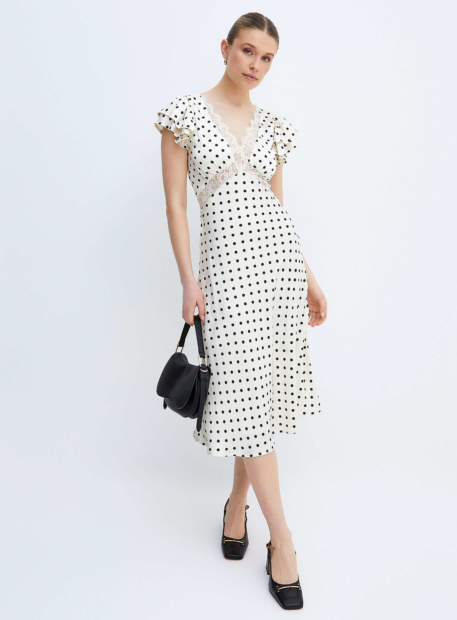 Icone Polka Dot And Lace Satin Midi Dress In Black And White