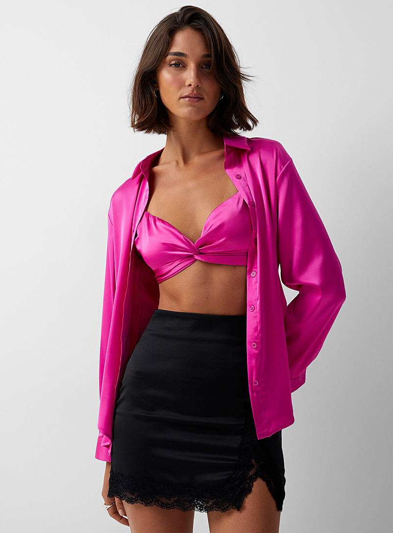 Icône Pink Satin bralette-shirt combo for women