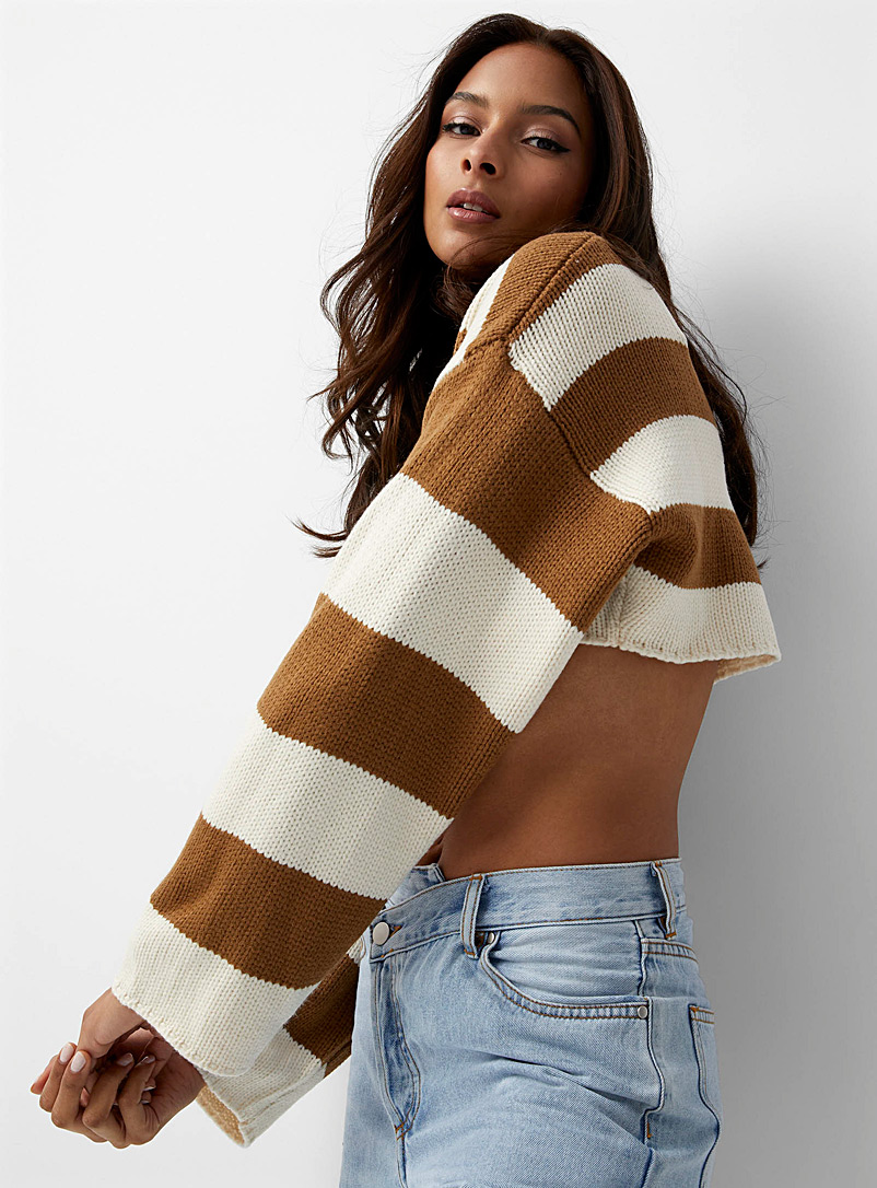 Icône Patterned Brown Two-tone stripes cropped sweater for women
