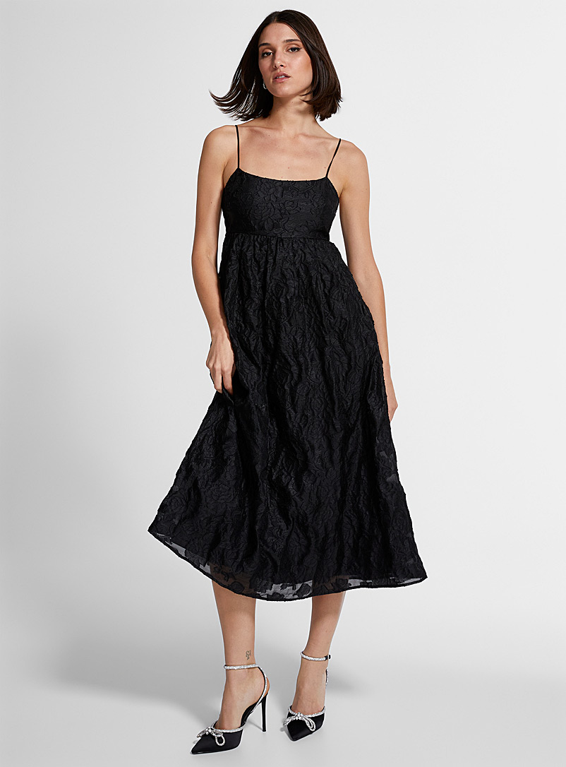 Icône Black Embroidered organza flared black dress for women